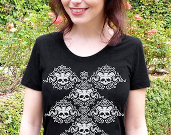Schädel-T-Shirt Frauen, Halloween-T-Shirts Frauen, Schädel-Shirt, Halloween-Skelett-Shirt, Damen-Shirt, Schädel und Rosen, Faun-Schädel-Damen-T-Shirt