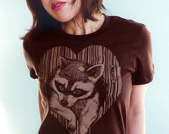 Raccoon Shirt, Vegan T Shirt, Vegan Shirt, Heart Shirt, Womens Tshirt, Love Tshirt, Wood Anniversary Gift, Faux Bois - Love Bandit Tshirt