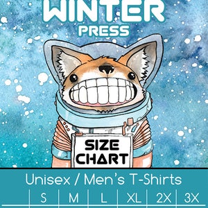 K&ouml;nnte beinhalten: T-Shirt-Design mit einem Cartoon-Fuchs im Astronautenanzug und dem Text "BINARY WINTER PRESS". Das Bild enth&auml;lt eine Gr&ouml;&szlig;entabelle f&uuml;r Unisex-T-Shirts mit Brustma&szlig;en von 86-132 cm und Taillenma&szlig;en von 76-122 cm.