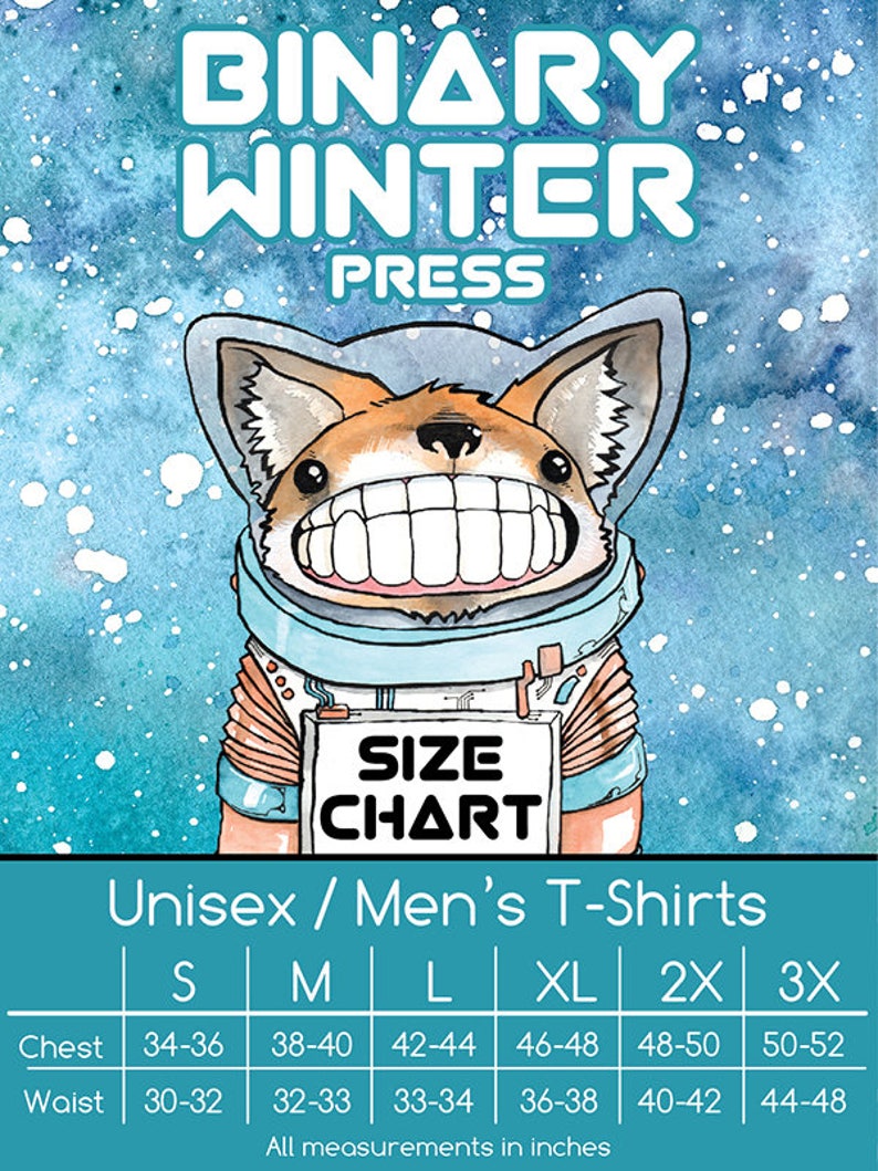 K&ouml;nnte beinhalten: T-Shirt-Design mit einem Cartoon-Fuchs im Astronautenanzug und dem Text "BINARY WINTER PRESS". Das Bild enth&auml;lt eine Gr&ouml;&szlig;entabelle f&uuml;r Unisex-T-Shirts mit Brustma&szlig;en von 86-132 cm und Taillenma&szlig;en von 76-122 cm.