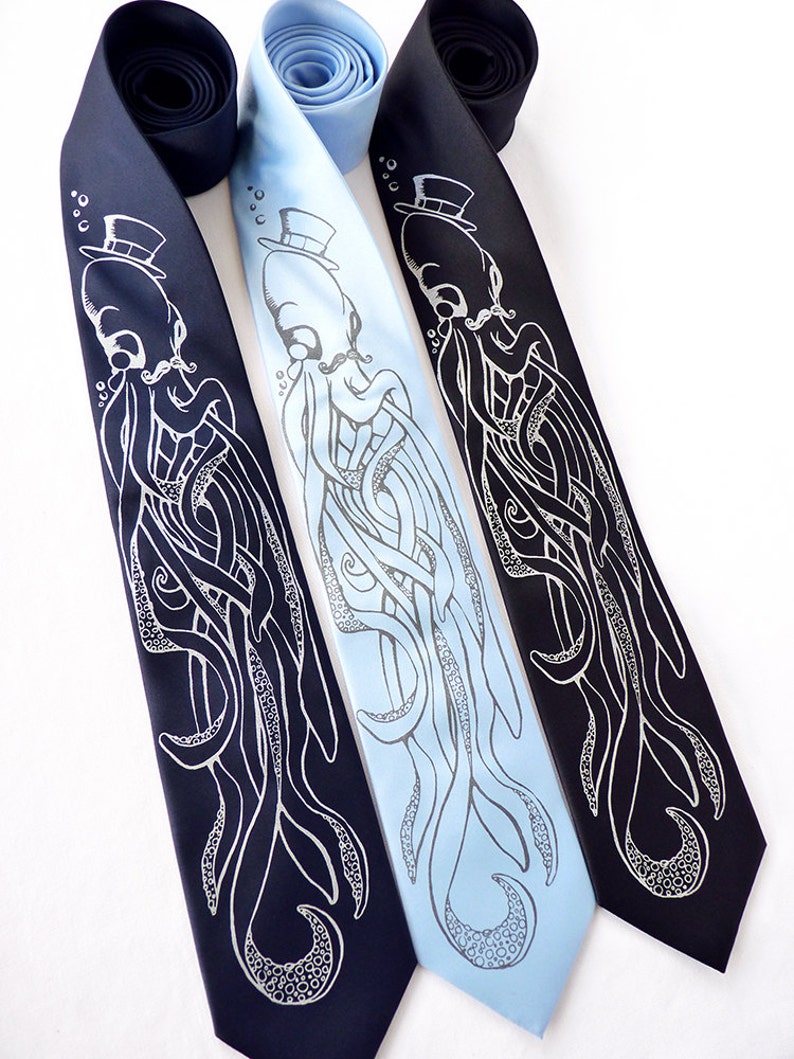 Octopus Necktie, Neckties for Men, Octopus Tie, Blue Necktie, Boyfriend Gift, Dad Gift, Octopus Gift An Octopus & A Gentleman Tie image 3