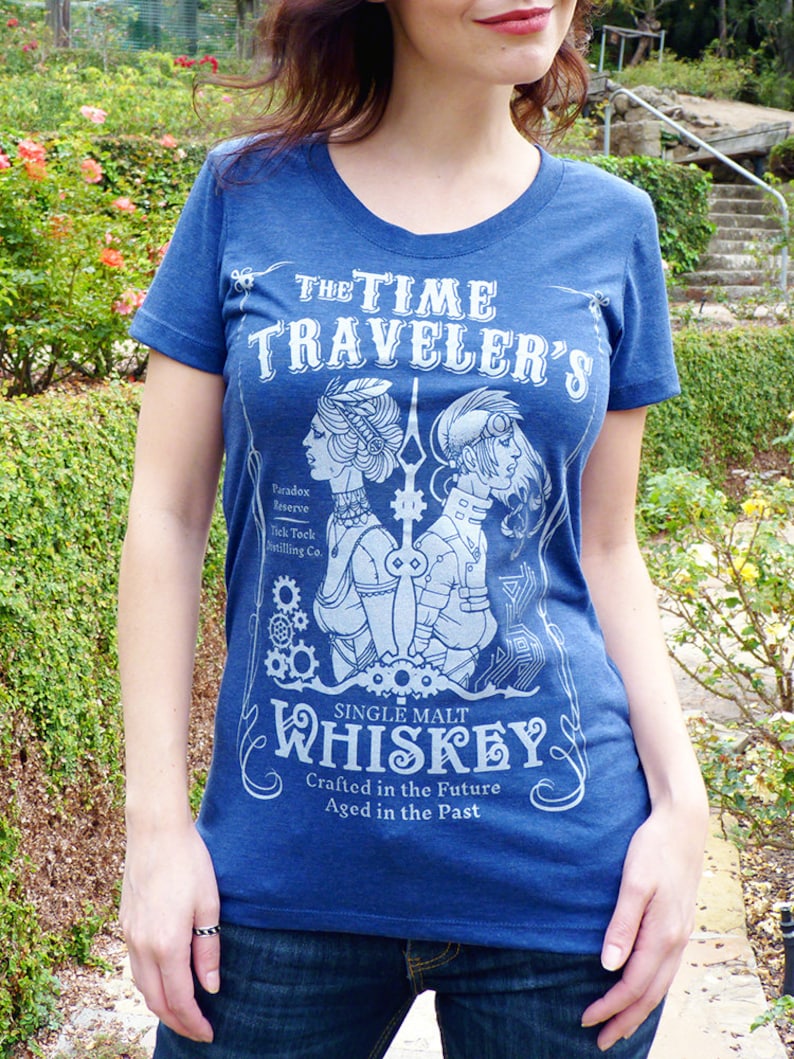 Whiskey Women's Tshirt, Whiskey Gift, Wine Gift, Graphic Tee, Womens Shirt, Steampunk Shirt, Time Travel Shirt Time Traveler's Whiskey Tee image 1