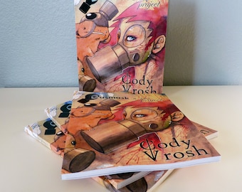 May include: A stack of four paperback books with a colorful illustration of a person wearing a gas mask and a small animal. The book title is "The Gasmask a day project" and the author is "Cody Vrosh".