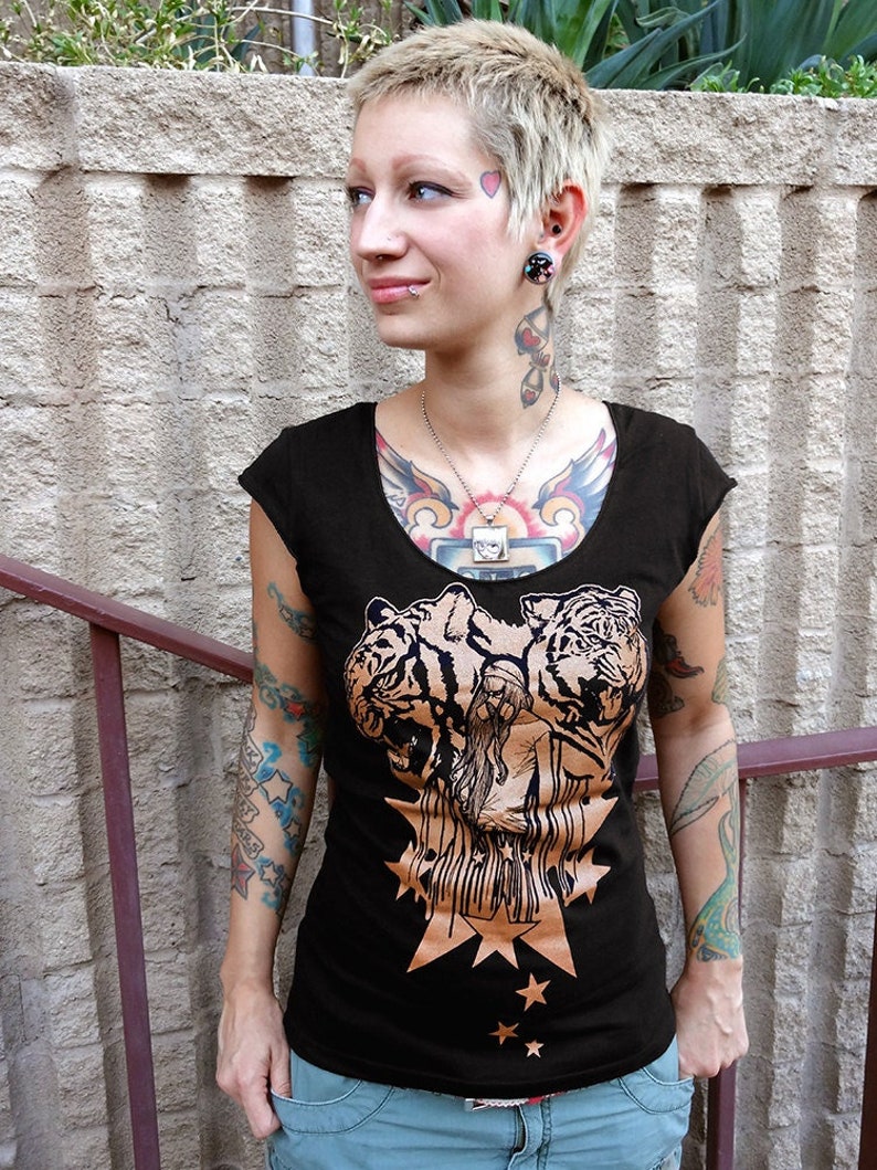 Tiger Shirt, Goth Shirt, Post Apocalyptic Clothing, Gothic Tshirt, Punk Shirt Women, Gasmask Tshirt, Vegan Shirt Tigers Women's Tshirt image 1