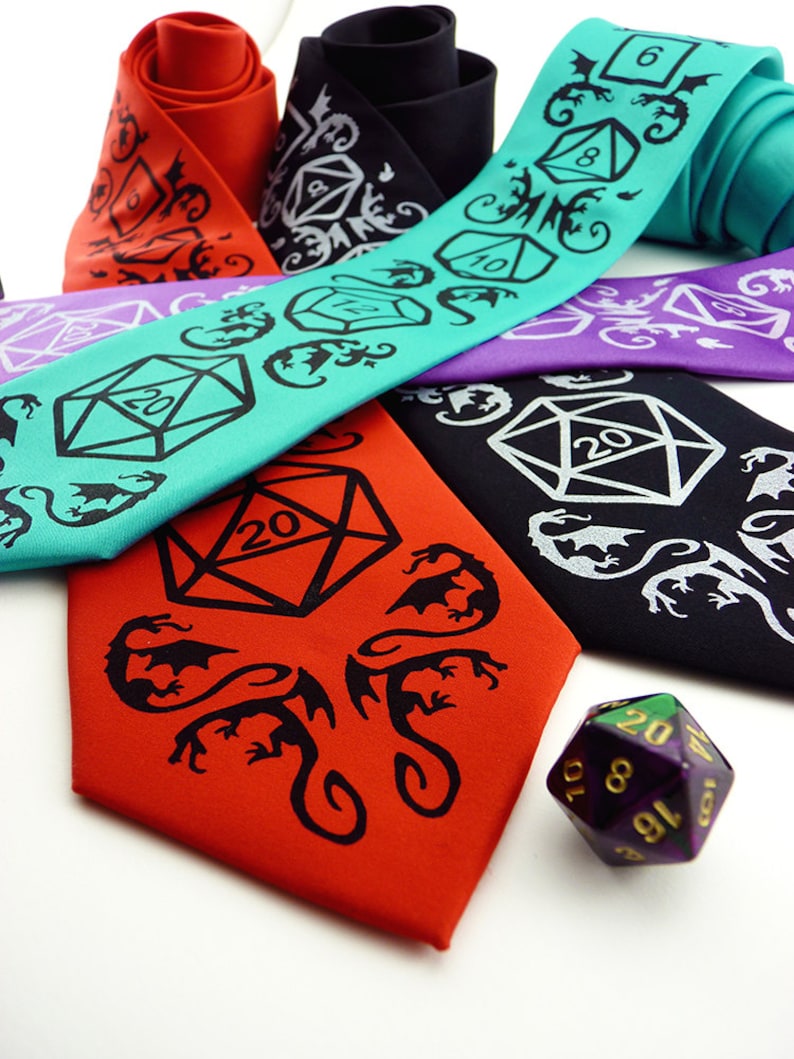 Dice and Dragons Necktie, DnD, RPG, D20 Dice, Dragon Men's Tie, DnD Gifts for Him, Geek Tie, Mens Necktie, Gamer Gift High Roller Necktie image 3