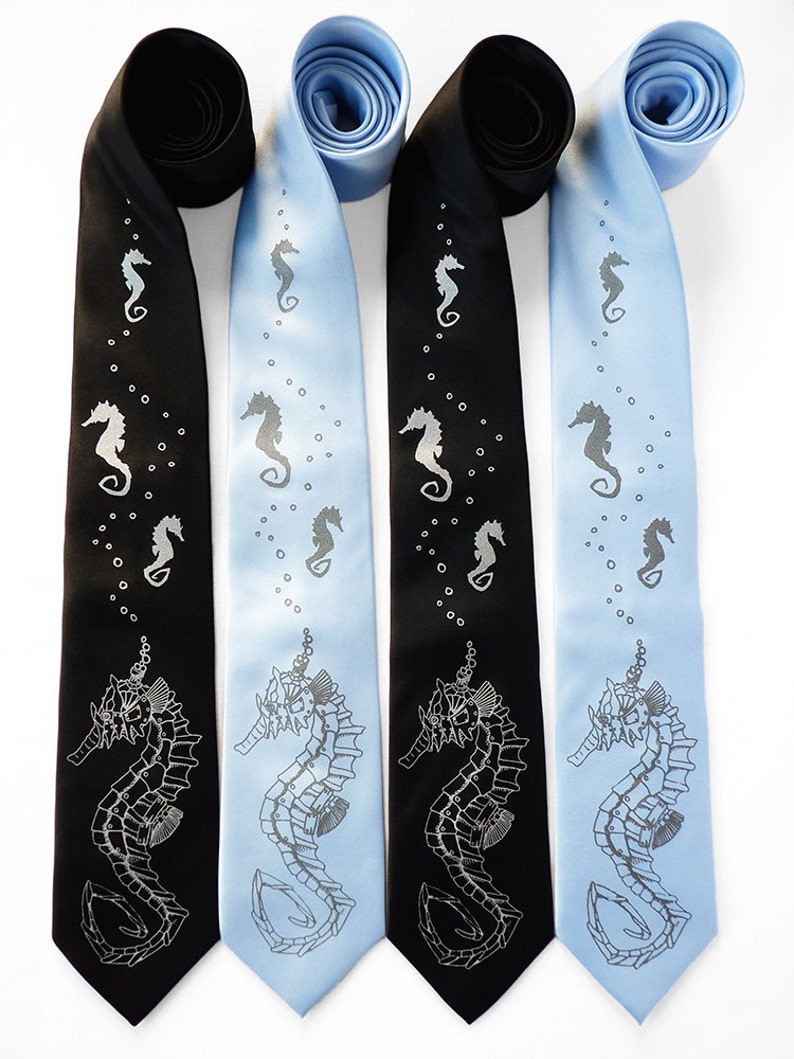 Seahorse Necktie, Blue Necktie, Screen Printed Tie, Ocean Gift, Robot Tie, Neckties for Men, Dad Gift, Mens Gift Seahorse Roboticus Tie image 3