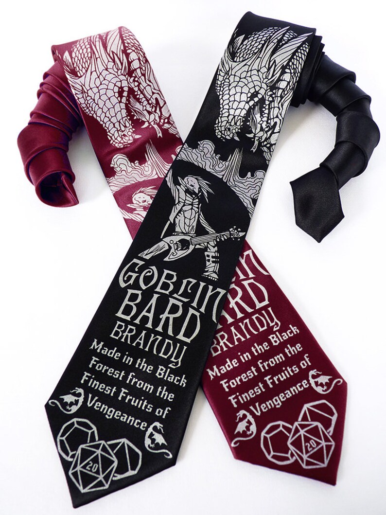 Dragon Necktie, Dice Tie, DnD Gifts for Players, D20 Dice Necktie, Wine Necktie, TTRPG Gifts, Gamer Gifts - Goblin Bard Brandy Mens Necktie image 3