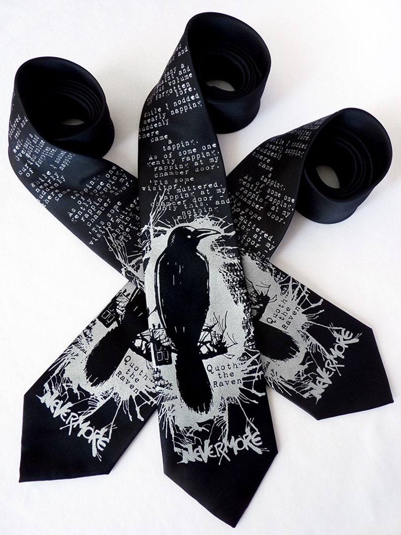 Nevermore Men's Necktie, Edgar Allan Poe Gifts, Raven Tie, Valentines Day Gift for Him, Gift for Boyfriend, Teacher Gifts, Book Lover Gift image 4