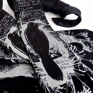 Edgar Allan Poe Raven Necktie, Book Lover Gift, Literary Gift, Book Gifts, Mens Necktie, Librarian Gift, Raven Tie - Nevermore Raven Necktie