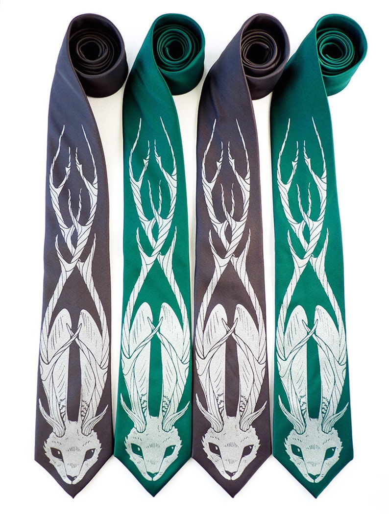 Horned Rabbit Necktie, Neckties for Men, Rabbit Necktie, Mens Tie, Gifts for Men, Mythical Creatures, Mythology The Legend of the Wood Tie image 3