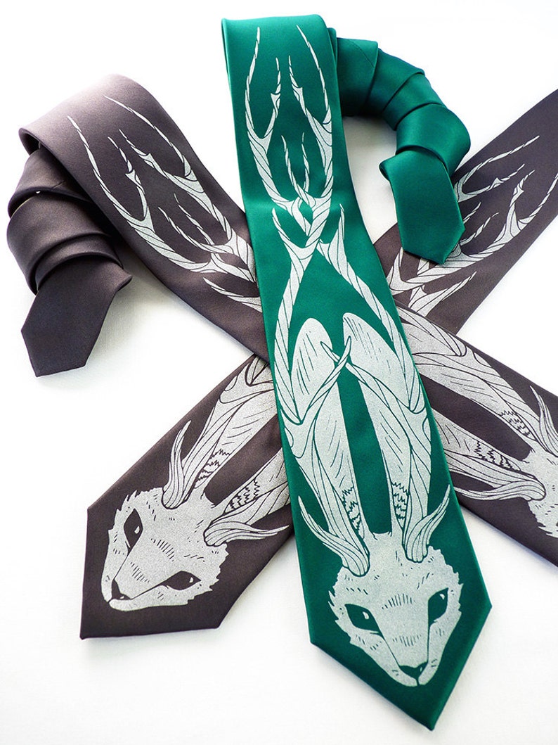 Horned Rabbit Necktie, Neckties for Men, Rabbit Necktie, Mens Tie, Gifts for Men, Mythical Creatures, Mythology The Legend of the Wood Tie image 1