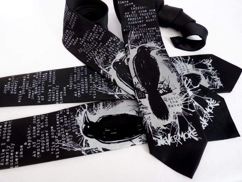 Nevermore Men's Necktie, Edgar Allan Poe Gifts, Raven Tie, Valentines Day Gift for Him, Gift for Boyfriend, Teacher Gifts, Book Lover Gift image 3