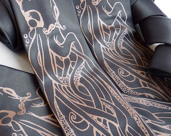 Octopus Necktie, Octopus Tie, Mens Necktie, Screen Printed Tie, Octopus Gift, Ocean Wedding Tie, Grey Tie - An Octopus and A Gentleman Tie