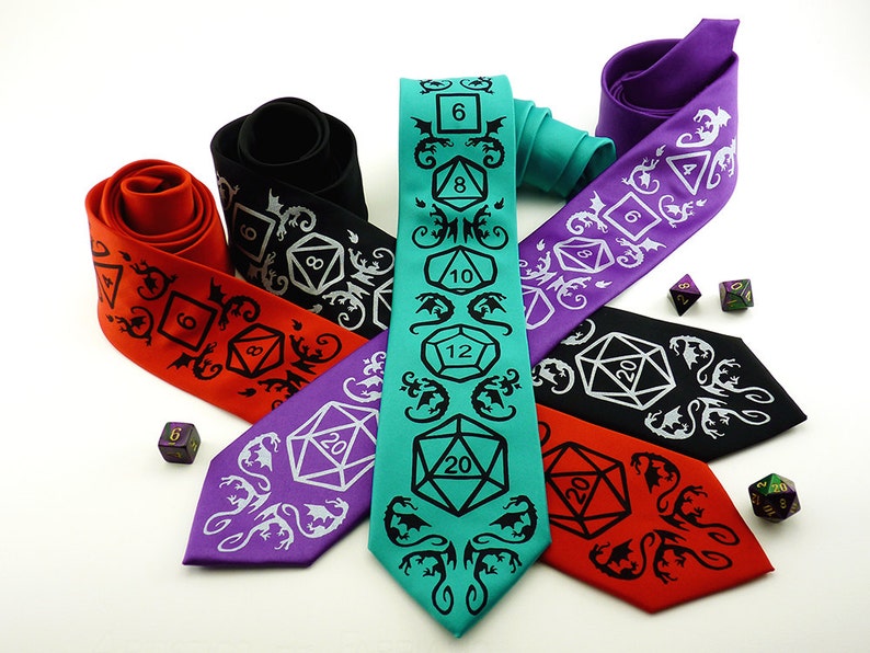 Dobbelstenen en draken stropdas, DnD, RPG, D20 dobbelstenen, Dragon heren stropdas, DnD geschenken voor hem, Geek stropdas, heren stropdas, gamer cadeau High Roller stropdas afbeelding 4