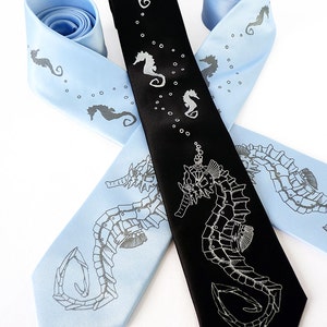 Seahorse Necktie, Blue Necktie, Screen Printed Tie, Ocean Gift, Robot Tie, Neckties for Men, Dad Gift, Mens Gift Seahorse Roboticus Tie image 2