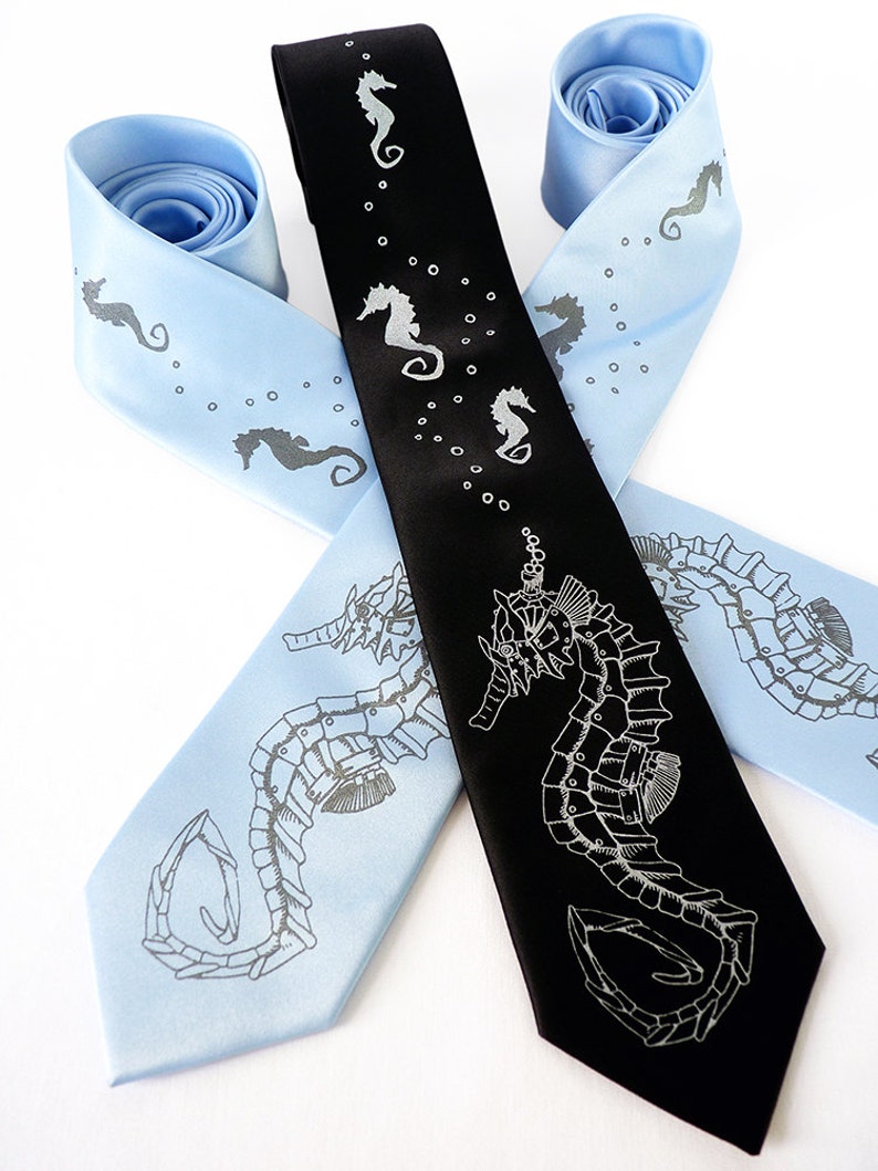 Seahorse Necktie, Blue Necktie, Screen Printed Tie, Ocean Gift, Robot Tie, Neckties for Men, Dad Gift, Mens Gift Seahorse Roboticus Tie image 2