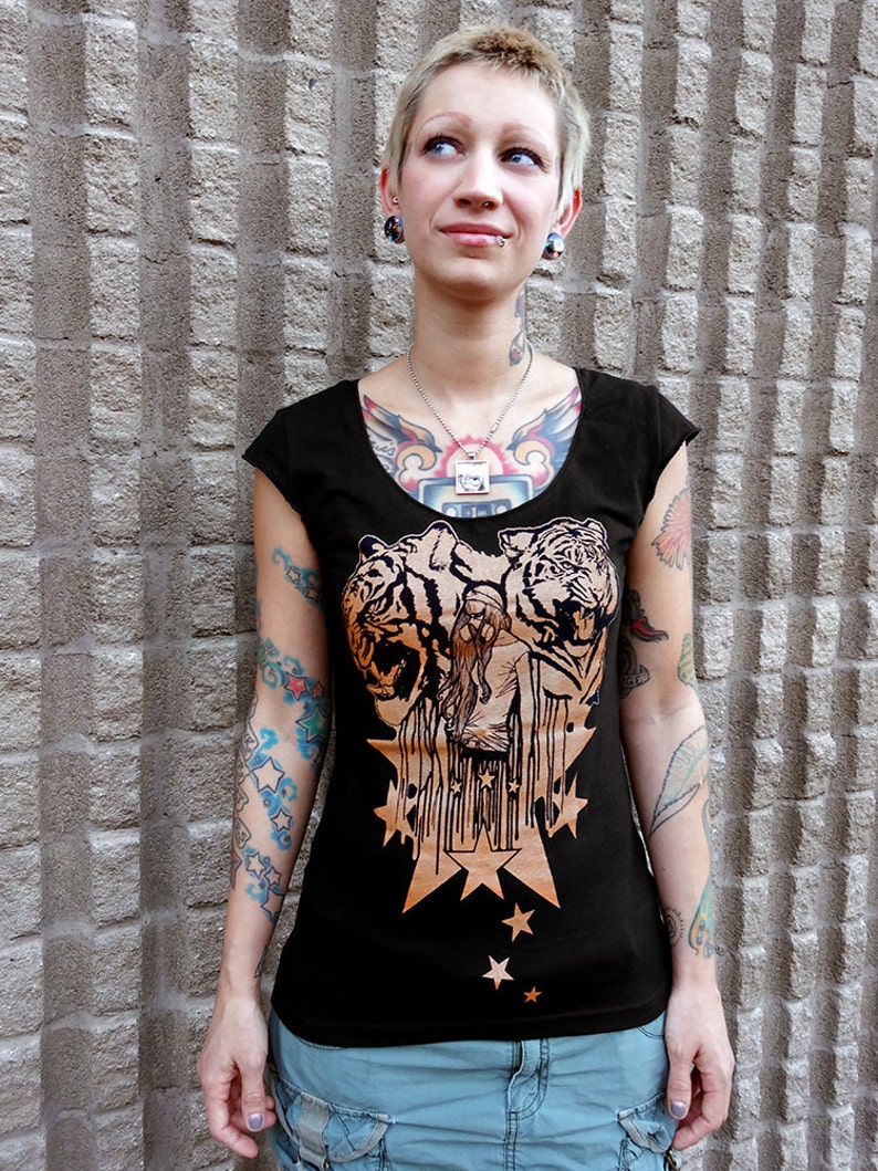 Tiger Shirt, Goth Shirt, Post Apocalyptic Clothing, Gothic Tshirt, Punk Shirt Women, Gasmask Tshirt, Vegan Shirt Tigers Women's Tshirt image 2