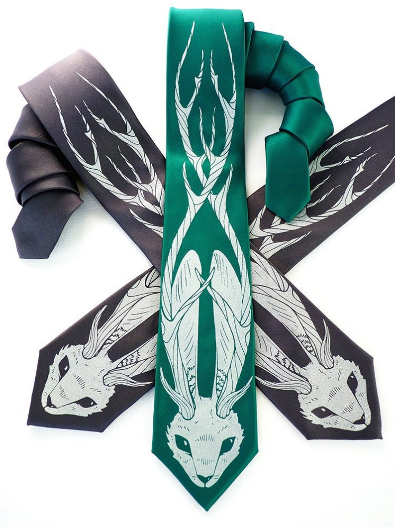 Horned Rabbit Necktie, Neckties for Men, Rabbit Necktie, Mens Tie, Gifts for Men, Mythical Creatures, Mythology The Legend of the Wood Tie image 2