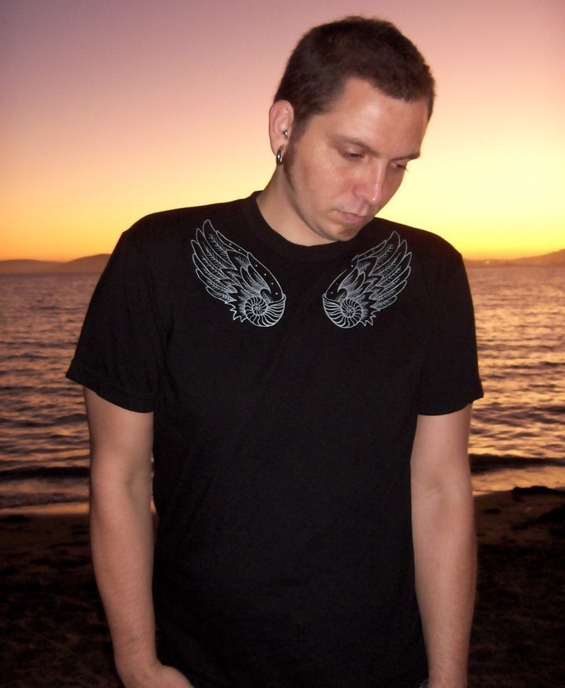 Angel Wings Shirt, Nautilus Shell, Feather Shirt, Beach Shirt, Ocean Lover Gift, Minimalist Black Tshirt Winged Nautilus Mens T-shirt image 1