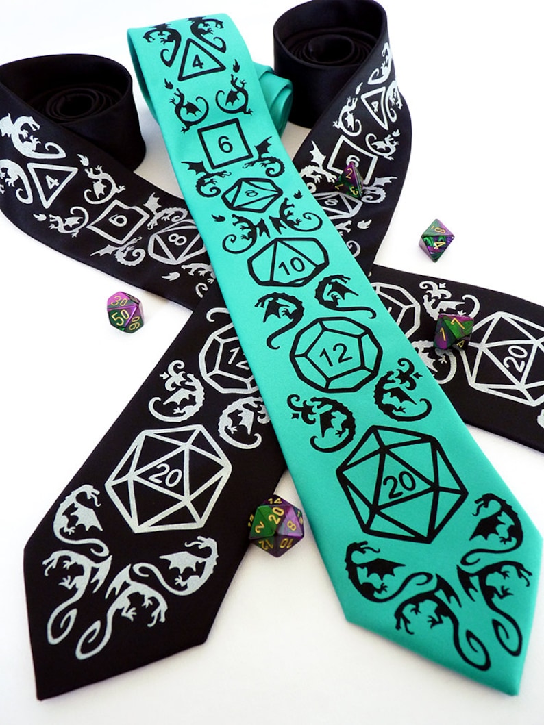 Dobbelstenen en draken stropdas, DnD, RPG, D20 dobbelstenen, Dragon heren stropdas, DnD geschenken voor hem, Geek stropdas, heren stropdas, gamer cadeau High Roller stropdas afbeelding 1