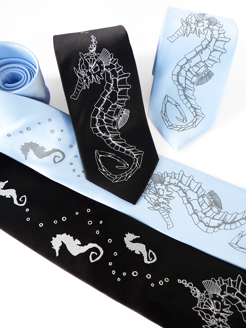 Seahorse Necktie, Blue Necktie, Screen Printed Tie, Ocean Gift, Robot Tie, Neckties for Men, Dad Gift, Mens Gift Seahorse Roboticus Tie image 1