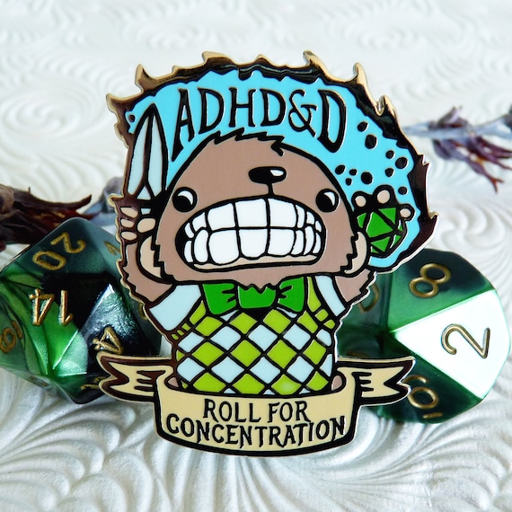 ADHDnD Bear Enamel Pin, ADHD Pin, DnD Enamel Pin, Tabletop RPG Pin, Bear Enamel Pin, D20 Pin, DnD Gifts, D...