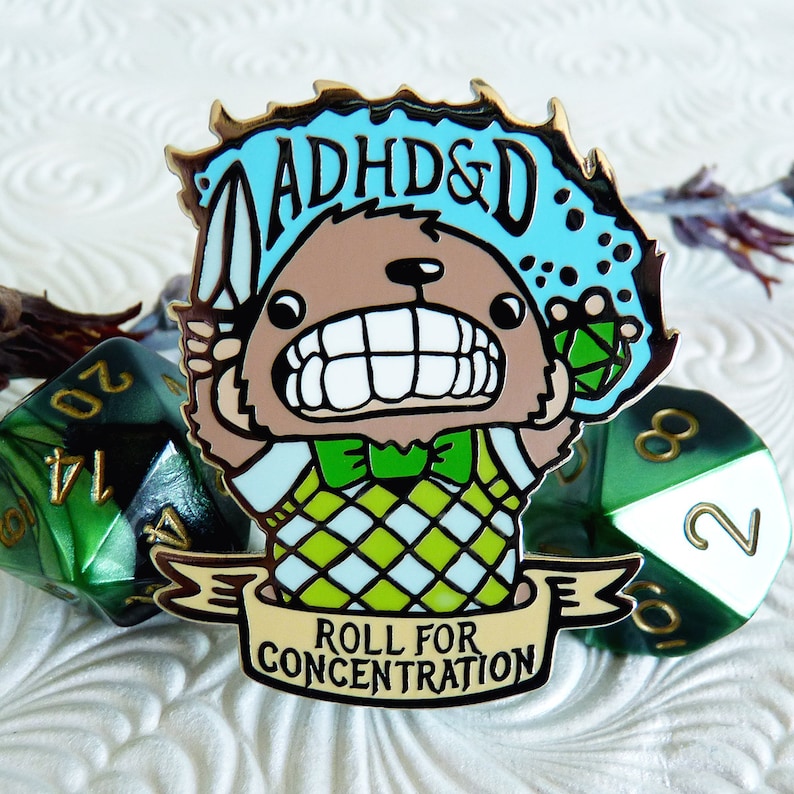 ADHDnD Bear Enamel Pin, ADHD Pin, DnD Enamel Pin, Tabletop RPG Pin, Bear Enamel Pin, D20 Pin, DnD Gifts, D and D Pin image 1