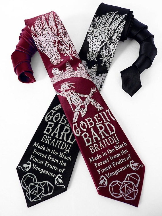 Dragon Necktie, Dice Tie, DnD Gifts for Players, D20 Dice Necktie, Wine Necktie, TTRPG Gifts, Gamer Gifts - Goblin Bard Brandy Mens Necktie