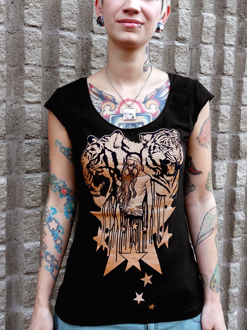 Tiger Shirt, Goth Shirt, Post Apocalyptic Clothing, Gothic Tshirt, Punk Shirt Women, Gasmask Tshirt, Vegan Shirt Tigers Women's Tshirt image 3