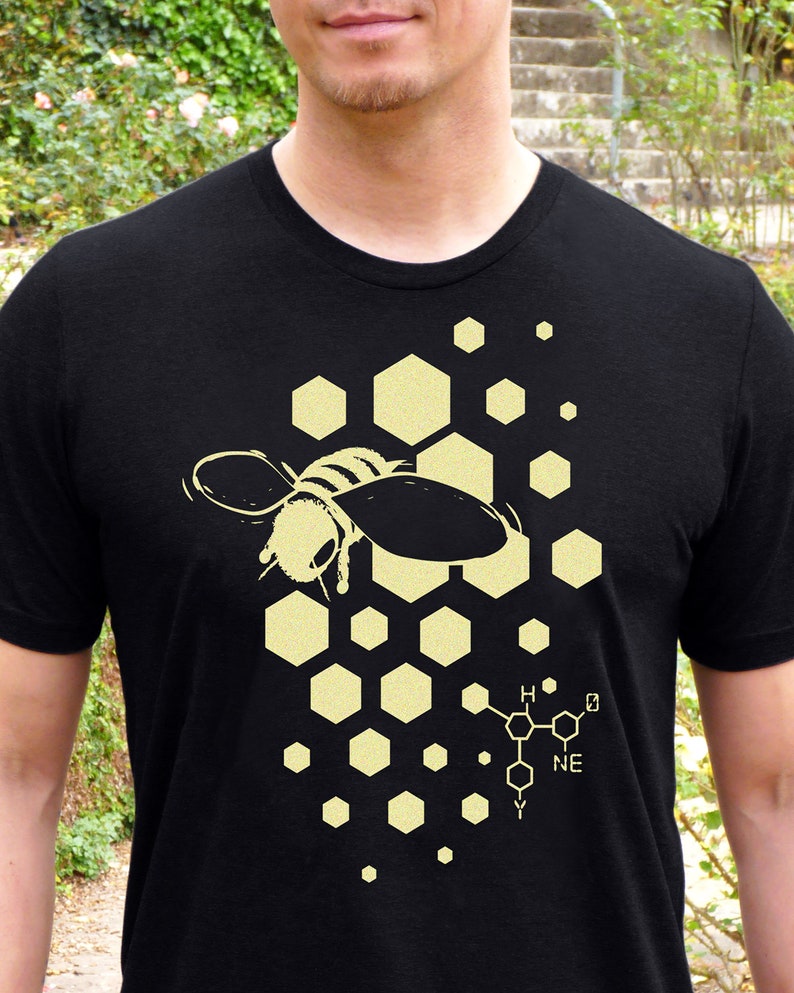 May include: Black t-shirt with a graphic of a bee in a honeycomb pattern and the chemical formula for honey. The text "H O C6H12O6 NE" is printed on the shirt.