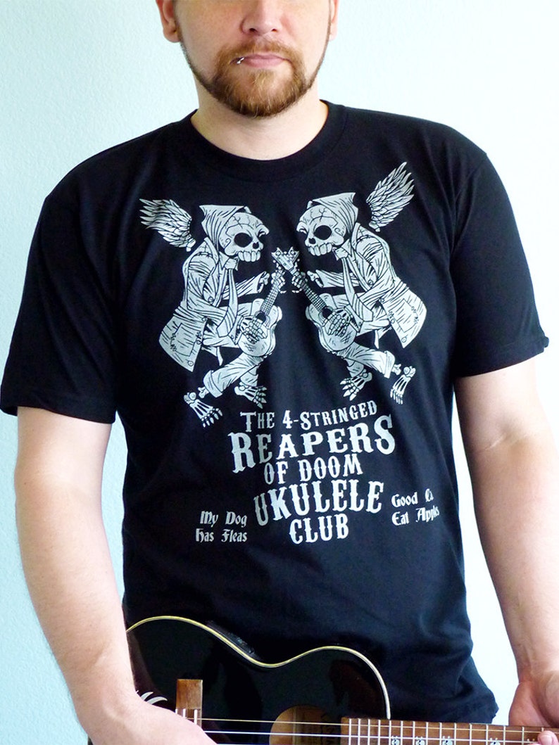 Ukulele Shirt, Ukulele Gifts, Music Gift, Ukulele Tshirt, Mens Tshirt, Skull Shirt The 4-Stringed Reapers of Doom Ukulele Club Tshirt image 2