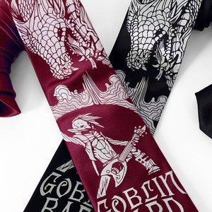 Dragon Necktie, Dice Tie, DnD Gifts for Players, D20 Dice Necktie, Wine Necktie, TTRPG Gifts, Gamer Gifts - Goblin Bard Brandy Mens Necktie image 4