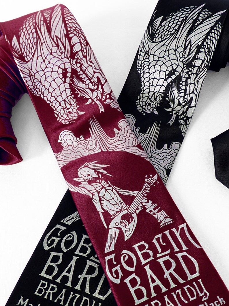 Dragon Necktie, Dice Tie, DnD Gifts for Players, D20 Dice Necktie, Wine Necktie, TTRPG Gifts, Gamer Gifts - Goblin Bard Brandy Mens Necktie image 4