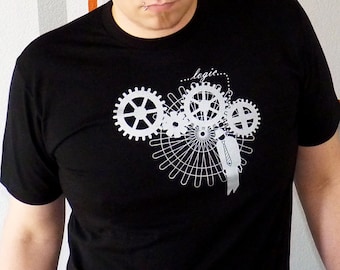 May include: Black t-shirt with a white graphic design of gears and the word "logic..." printed on the front.