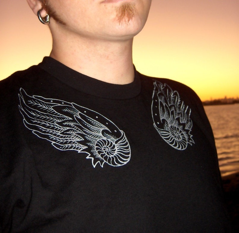 Angel Wings Shirt, Nautilus Shell, Feather Shirt, Beach Shirt, Ocean Lover Gift, Minimalist Black Tshirt Winged Nautilus Mens T-shirt image 2