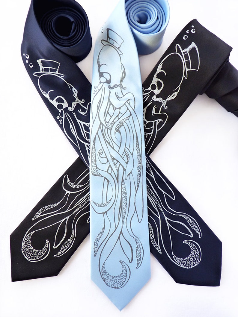 Octopus Necktie, Neckties for Men, Octopus Tie, Blue Necktie, Boyfriend Gift, Dad Gift, Octopus Gift An Octopus & A Gentleman Tie image 2