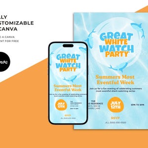 Puede incluir: Gr&aacute;fico promocional para un evento "Great White Watch Party", mostrado en un smartphone y un folleto. El dise&ntilde;o presenta un esquema de color azul y blanco con ilustraciones de tiburones y detalles del evento.