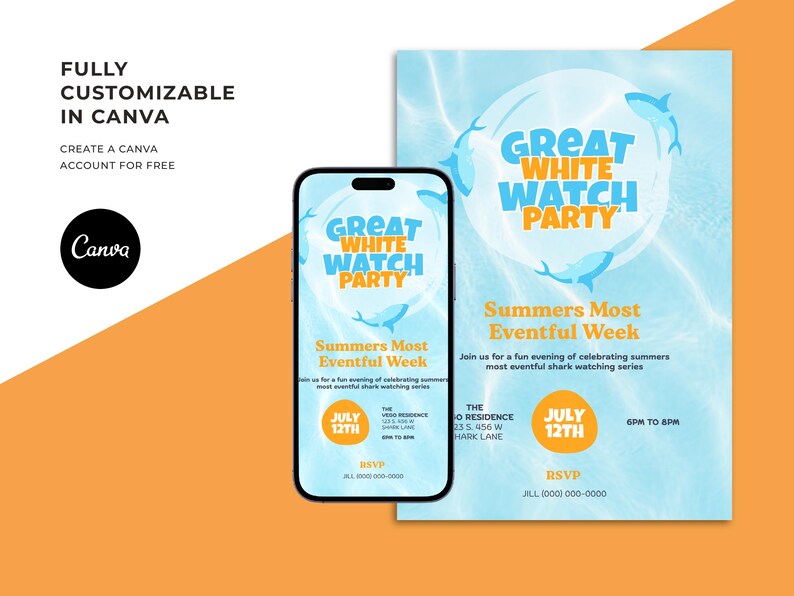 Puede incluir: Gr&aacute;fico promocional para un evento "Great White Watch Party", mostrado en un smartphone y un folleto. El dise&ntilde;o presenta un esquema de color azul y blanco con ilustraciones de tiburones y detalles del evento.