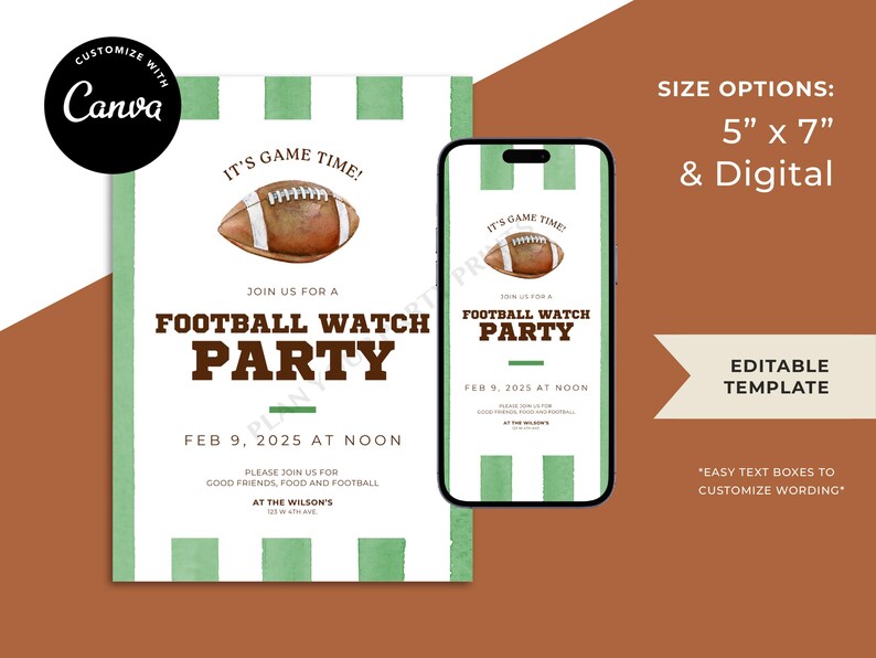 May include: A football watch party invitation with a watercolor football illustration. The invitation is available in 5" x 7" and digital formats. The text reads "It's Game Time!" and "Football Watch Party" with the date and time.
