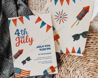 Invitación a la fiesta del 4 de julio, fuegos artificiales, EE. UU. (Plantilla digital)