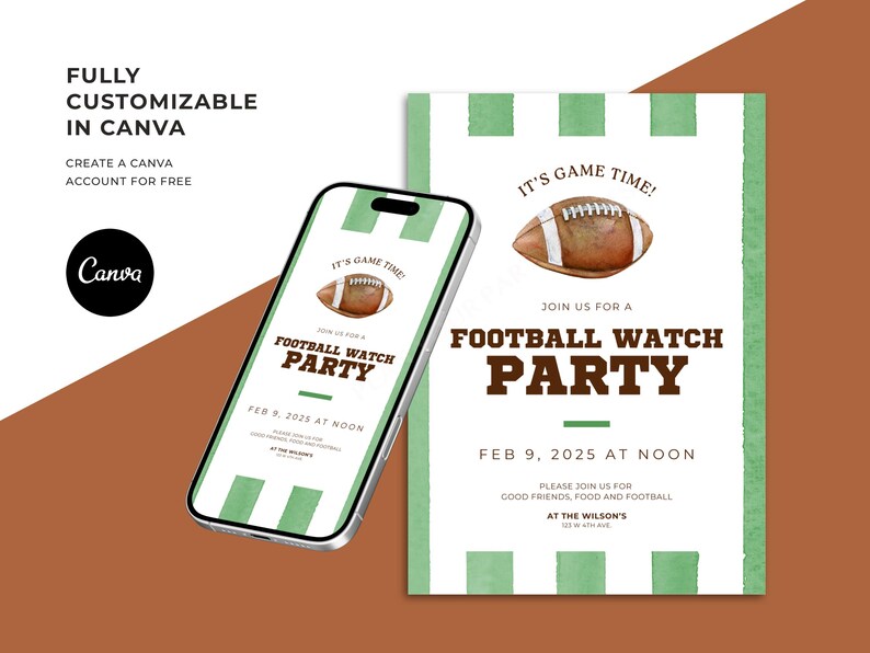 May include: A smartphone and invitation card with a football theme. The invitation reads "Football Watch Party" with the date and time. The phone displays the same design. The Canva logo is also visible.