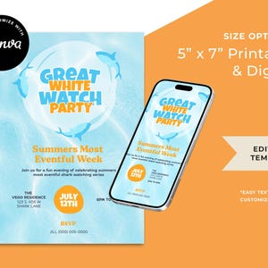 Puede incluir: Una plantilla de invitaci&oacute;n digital e imprimible para una "Great White Watch Party" con tem&aacute;tica de tiburones. El dise&ntilde;o presenta un fondo azul claro con ilustraciones de tiburones, detalles del evento y el texto "Summers Most Eventful Week". Las opciones de tama&ntilde;o son 12.7cm x 17.8cm.