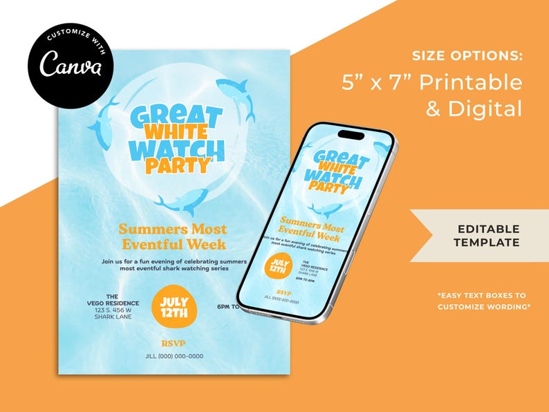 Puede incluir: Una plantilla de invitaci&oacute;n digital e imprimible para una "Great White Watch Party" con tem&aacute;tica de tiburones. El dise&ntilde;o presenta un fondo azul claro con ilustraciones de tiburones, detalles del evento y el texto "Summers Most Eventful Week". Las opciones de tama&ntilde;o son 12.7cm x 17.8cm.