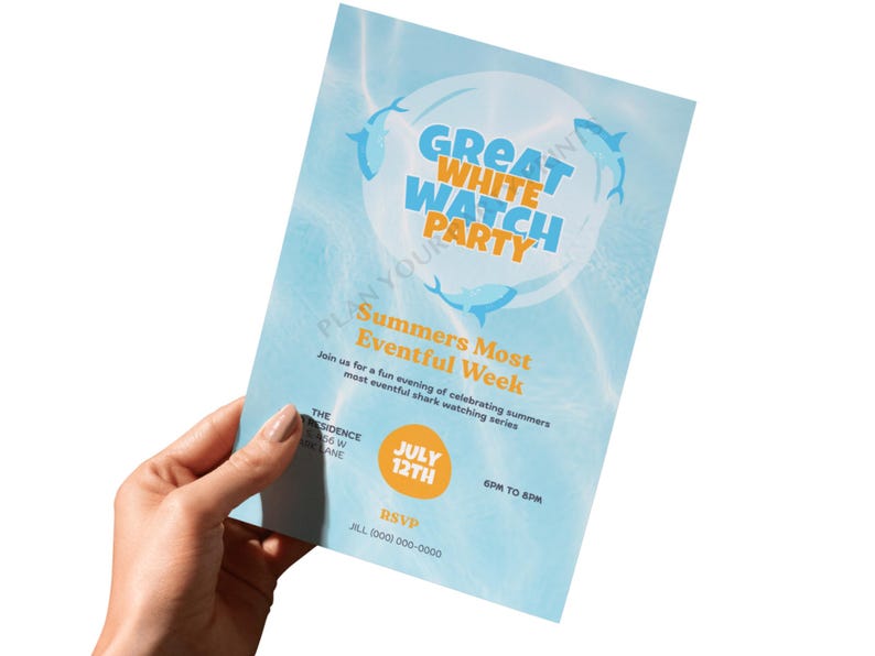 Puede incluir: Un folleto azul claro con el texto "Great White Watch Party" e ilustraciones de tiburones. El folleto tambi&eacute;n incluye el texto "Summers Most Eventful Week" y detalles del evento para el 12 de julio.