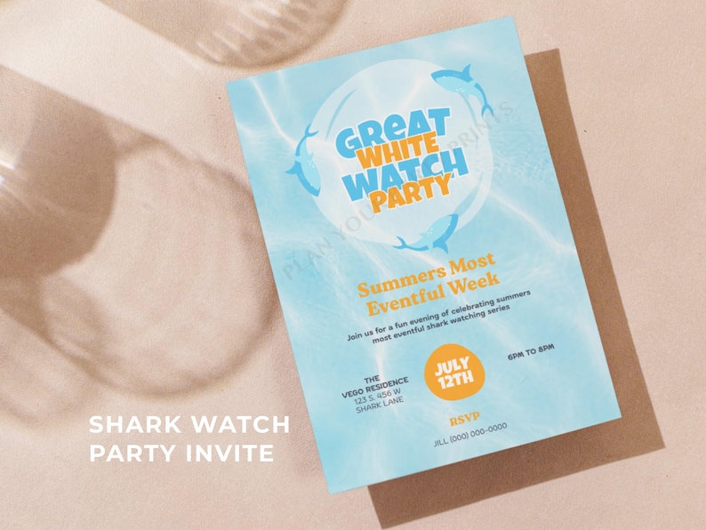 May include: A light blue invitation for a "Great White Watch Party" with shark illustrations. The invitation includes the text "Summers Most Eventful Week" and event details. The words "Shark Watch Party Invite" are at the bottom.