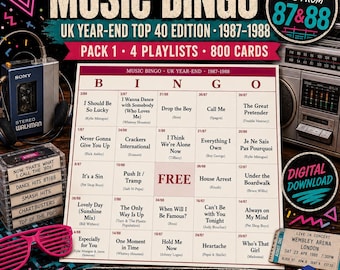 Music Bingo UK Year-End 1987-1988 — 800 Printable Cards, 4 Playlists, Instant PDF — Class of 88 Reunion, 80s Pub Night