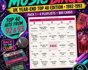 Music Bingo UK Year-End 1992-1993 — 800 Cards · 4 Playlists · Instant PDF · OCC Top 40 · Back to the Club Classics