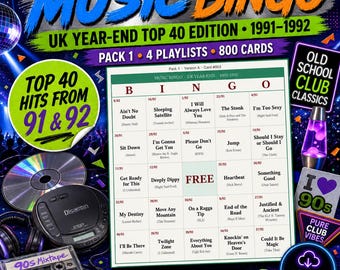 Music Bingo UK 1991-1992 — 800 Printable Cards, 4 Playlists, Instant PDF — Whitney, Queen, Eurodance & Rave Pop Classics
