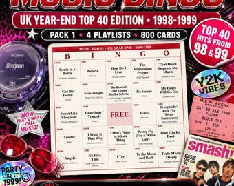 Music Bingo UK Year-End 1998-1999 — 800 Printable Cards, 4 Playlists, Instant PDF — Y2K Party Game, Britney Era, 90s Pub Nigh