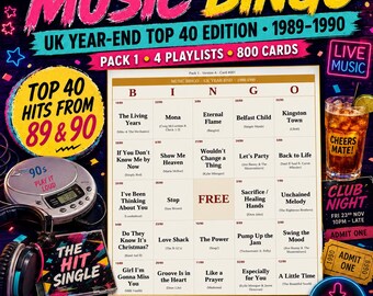Music Bingo UK Year-End 1989-1990 — 800 Cards · 4 Playlists · Instant PDF · OCC Top 40 · Class of '90 Reunion Pack